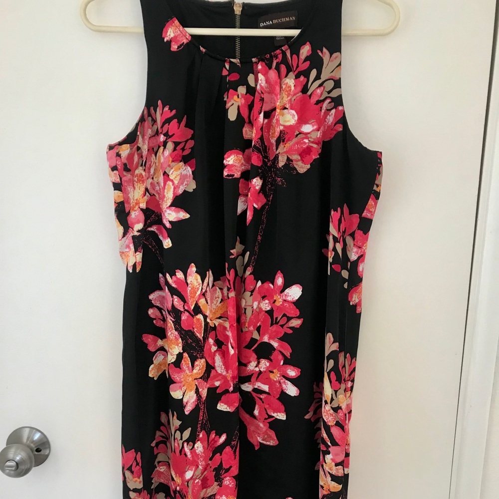 Dana Buchman Black Midi Dress with Pink & Coral Floral Print